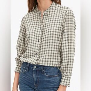 GAP sz XL Womens Gingham Plaid Relaxed Mock Neck Button Top Cottage Southwestern